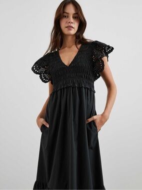 NWOT Black Eyelet Sleeve V-Neck Midi Dress
